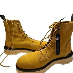 Sorel Hi Line Lace-Up Waterproof‎ Leather Platform Boots Geo Yellow/Jet 8.5 NWB
